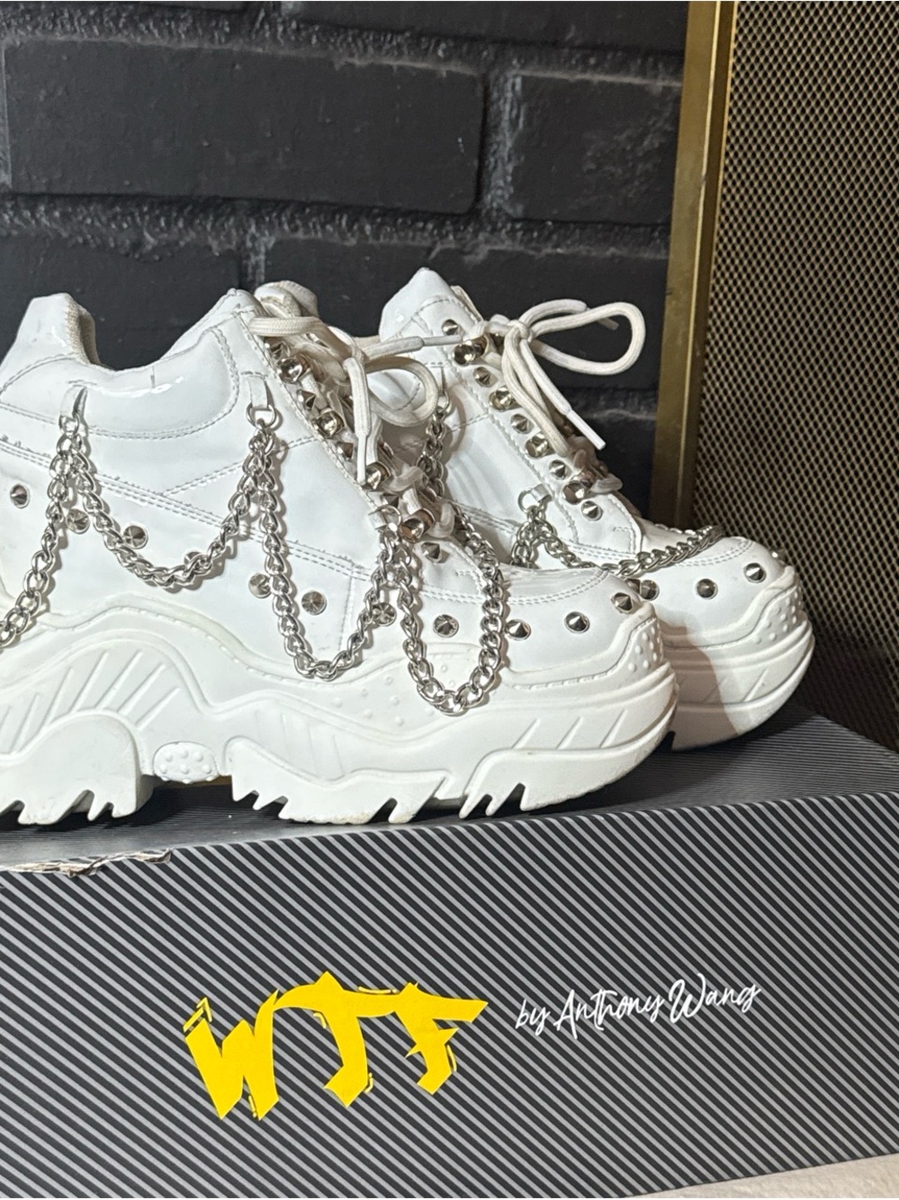 Anthony Wang White Platform Chain-Accent Women's Sneakers